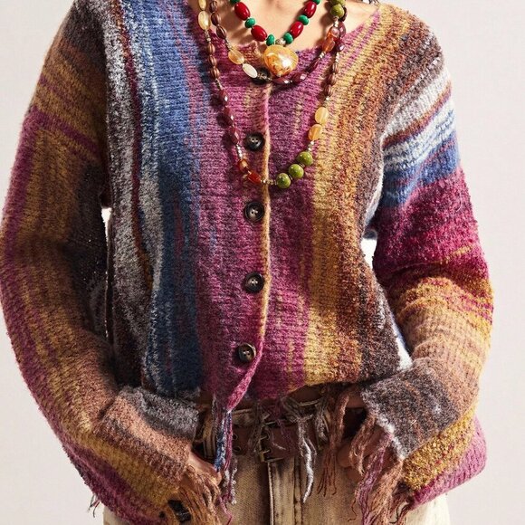 Multicolor Casual Women's colorful Ombre Striped Fringe Hem Cardigan - Picture 4 of 8